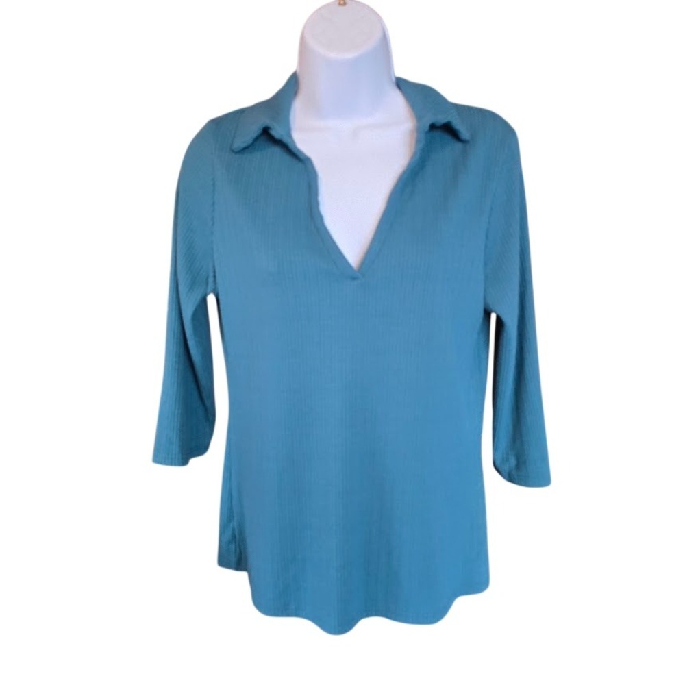 W5 Ribbed Polo Top Women L Teal Blue V-Neck Preppy Coastal Minimalist Layering